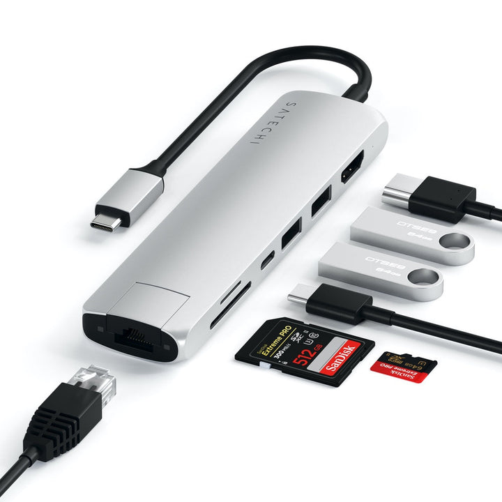 Satechi USB-C Slim Multiport with Ethernet Adapter (V3) Take your workspace on-the-go with the ultra-portable Satechi USB-C Slim Multiport with Ethernet Adapter. Featuring Gigabit Ethernet, 4K HDMI (60Hz), USB-C PD charging, two USB-A 3.0 ports, and micro
