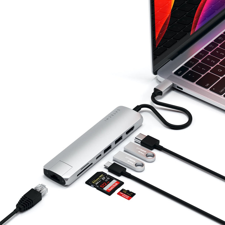 Satechi USB-C Slim Multiport with Ethernet Adapter (V3) Take your workspace on-the-go with the ultra-portable Satechi USB-C Slim Multiport with Ethernet Adapter. Featuring Gigabit Ethernet, 4K HDMI (60Hz), USB-C PD charging, two USB-A 3.0 ports, and micro