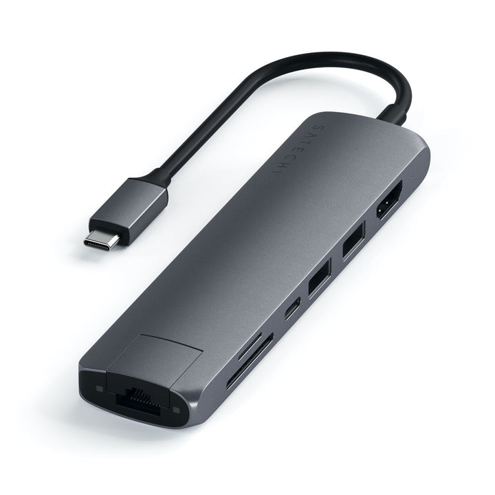 Satechi USB-C Slim Multiport with Ethernet Adapter (V3) Take your workspace on-the-go with the ultra-portable Satechi USB-C Slim Multiport with Ethernet Adapter. Featuring Gigabit Ethernet, 4K HDMI (60Hz), USB-C PD charging, two USB-A 3.0 ports, and micro