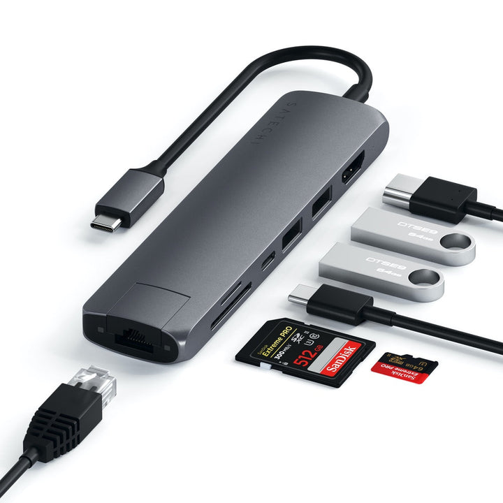 Satechi USB-C Slim Multiport with Ethernet Adapter (V3) Take your workspace on-the-go with the ultra-portable Satechi USB-C Slim Multiport with Ethernet Adapter. Featuring Gigabit Ethernet, 4K HDMI (60Hz), USB-C PD charging, two USB-A 3.0 ports, and micro