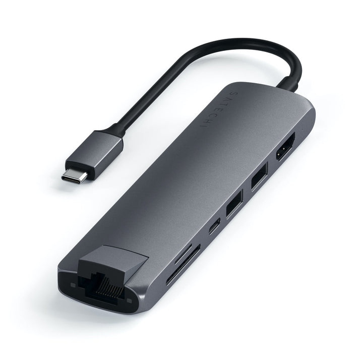 Satechi USB-C Slim Multiport with Ethernet Adapter (V3) Take your workspace on-the-go with the ultra-portable Satechi USB-C Slim Multiport with Ethernet Adapter. Featuring Gigabit Ethernet, 4K HDMI (60Hz), USB-C PD charging, two USB-A 3.0 ports, and micro