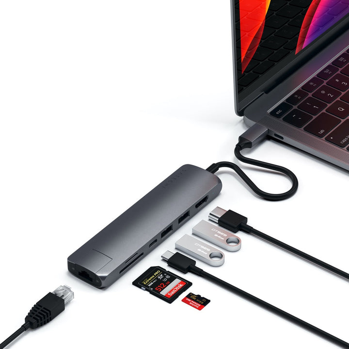 Satechi USB-C Slim Multiport with Ethernet Adapter (V3) Take your workspace on-the-go with the ultra-portable Satechi USB-C Slim Multiport with Ethernet Adapter. Featuring Gigabit Ethernet, 4K HDMI (60Hz), USB-C PD charging, two USB-A 3.0 ports, and micro