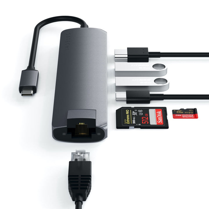 Satechi USB-C Slim Multiport with Ethernet Adapter (V3) Take your workspace on-the-go with the ultra-portable Satechi USB-C Slim Multiport with Ethernet Adapter. Featuring Gigabit Ethernet, 4K HDMI (60Hz), USB-C PD charging, two USB-A 3.0 ports, and micro