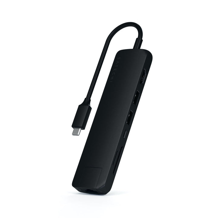Satechi USB-C Slim Multiport with Ethernet Adapter (V3) Take your workspace on-the-go with the ultra-portable Satechi USB-C Slim Multiport with Ethernet Adapter. Featuring Gigabit Ethernet, 4K HDMI (60Hz), USB-C PD charging, two USB-A 3.0 ports, and micro