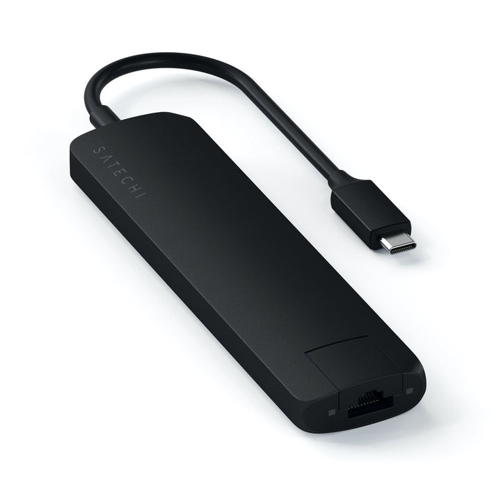Satechi USB-C Slim Multiport with Ethernet Adapter (V3) Take your workspace on-the-go with the ultra-portable Satechi USB-C Slim Multiport with Ethernet Adapter. Featuring Gigabit Ethernet, 4K HDMI (60Hz), USB-C PD charging, two USB-A 3.0 ports, and micro