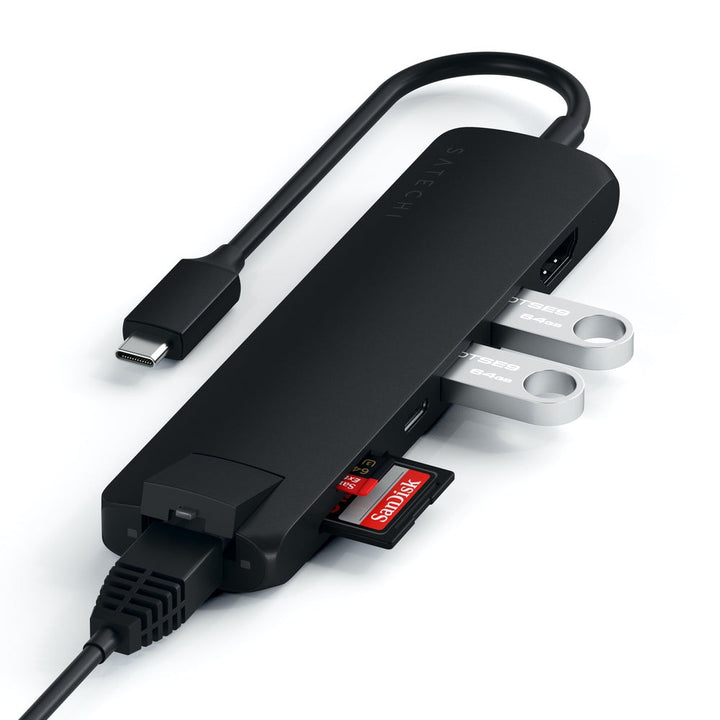 Satechi USB-C Slim Multiport with Ethernet Adapter (V3) Take your workspace on-the-go with the ultra-portable Satechi USB-C Slim Multiport with Ethernet Adapter. Featuring Gigabit Ethernet, 4K HDMI (60Hz), USB-C PD charging, two USB-A 3.0 ports, and micro