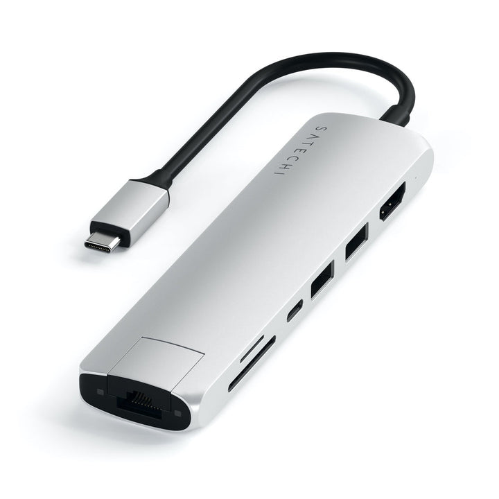 Satechi USB-C Slim Multiport with Ethernet Adapter (V3) Take your workspace on-the-go with the ultra-portable Satechi USB-C Slim Multiport with Ethernet Adapter. Featuring Gigabit Ethernet, 4K HDMI (60Hz), USB-C PD charging, two USB-A 3.0 ports, and micro