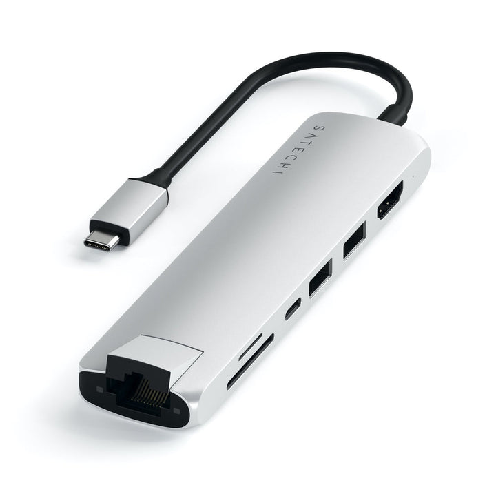 Satechi USB-C Slim Multiport with Ethernet Adapter (V3) Take your workspace on-the-go with the ultra-portable Satechi USB-C Slim Multiport with Ethernet Adapter. Featuring Gigabit Ethernet, 4K HDMI (60Hz), USB-C PD charging, two USB-A 3.0 ports, and micro