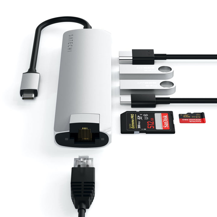 Satechi USB-C Slim Multiport with Ethernet Adapter (V3) Take your workspace on-the-go with the ultra-portable Satechi USB-C Slim Multiport with Ethernet Adapter. Featuring Gigabit Ethernet, 4K HDMI (60Hz), USB-C PD charging, two USB-A 3.0 ports, and micro
