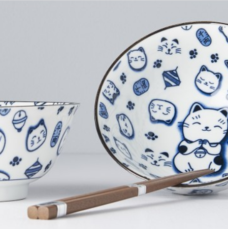 Bowl Set 2pcs with Chopsticks Maneki Cat Blue Design