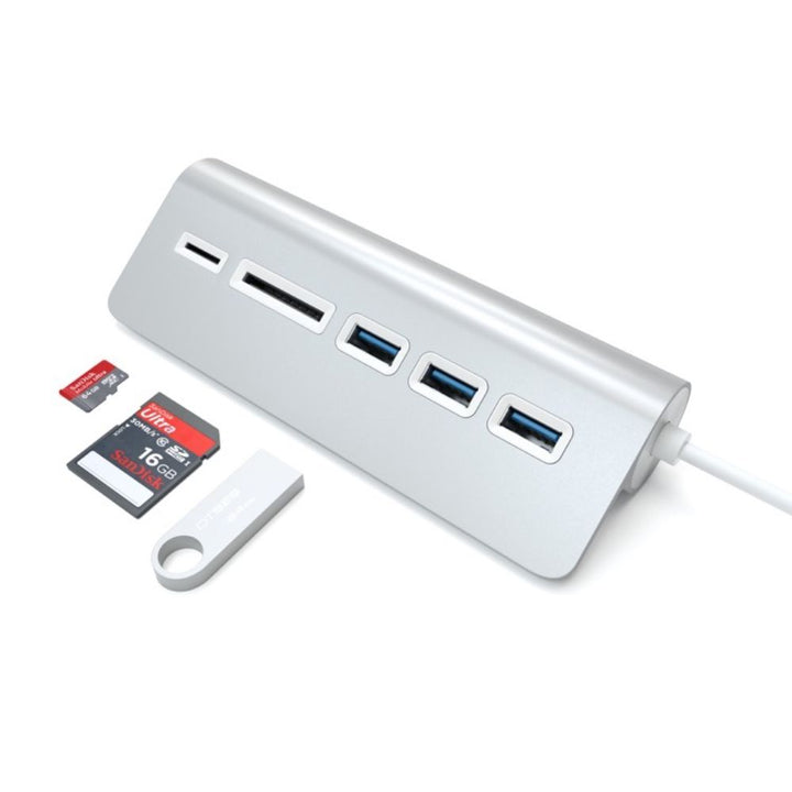 Satechi 3-Port USB 3. Hub w/ Card Reader The Satechi Aluminium USB 3.0 Hub and Card Reader adds three USB ports and two card reader slots (Micro and SD card reader) to your computer. This allows you to connect and use USB devices such as digital cameras,