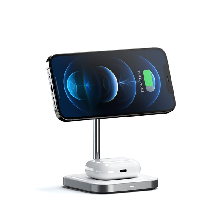 Satechi Magnetic 2-in-1 Wireless Charging Stand (Space Grey) The Satechi Magnetic 2-in-1 Wireless Charging Stand combines the power of dual wireless charging with the convenience of hands-free magnetic attachment. Designed for iPhone 12 and AirPods Pro, t
