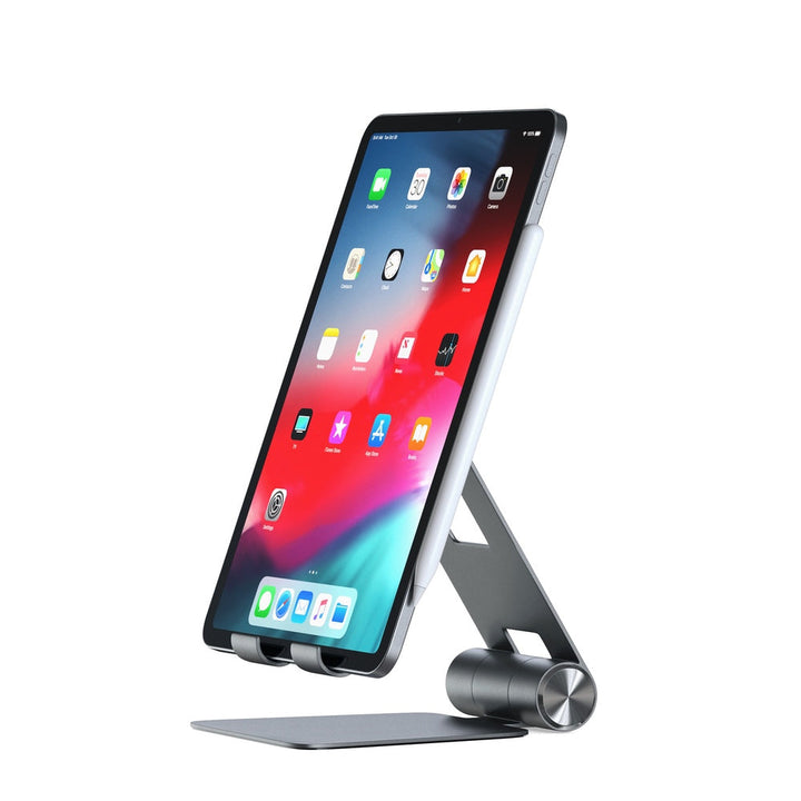 Satechi R1 Foldable Mobile Stand for Laptops & Tablets The Satechi R1 stand quickly elevates any mobile device or tablet for an optimal viewing experience. Constructed from solid aluminium, the R1's supporting grips are finished in rubber to hold your tab
