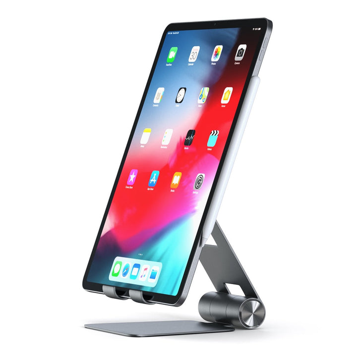 Satechi R1 Foldable Mobile Stand for Laptops & Tablets The Satechi R1 stand quickly elevates any mobile device or tablet for an optimal viewing experience. Constructed from solid aluminium, the R1's supporting grips are finished in rubber to hold your tab