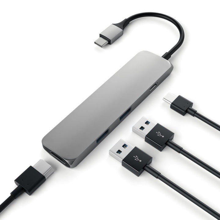 Satechi Slim USB-C Multiport Adapter (V1) The Satechi Slim USB-C Multiport Adapter 4K adds a plethora of connections to your laptop or desktop, just by using one USB-C port. Add 4K HDMI (up to 60Hz), pass-through charging, and two USB Type-A ports to your