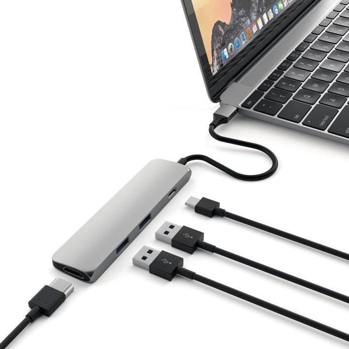 Satechi Slim USB-C Multiport Adapter (V1) The Satechi Slim USB-C Multiport Adapter 4K adds a plethora of connections to your laptop or desktop, just by using one USB-C port. Add 4K HDMI (up to 60Hz), pass-through charging, and two USB Type-A ports to your