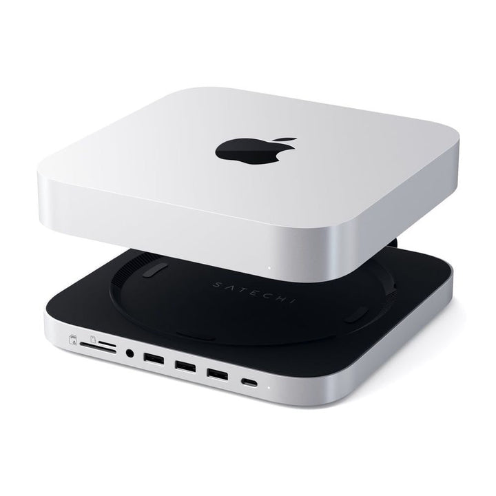 Satechi Aluminium Stand and Hub for Mac Mini/Mac Studio with SSD Enclosure (Silver) The Satechi Stand & Hub for Mac Mini/Mac Studio with SSD Enclosure elevates and transforms your M1 Mac Mini into a powerful, surprisingly compact workstation. Featuring a