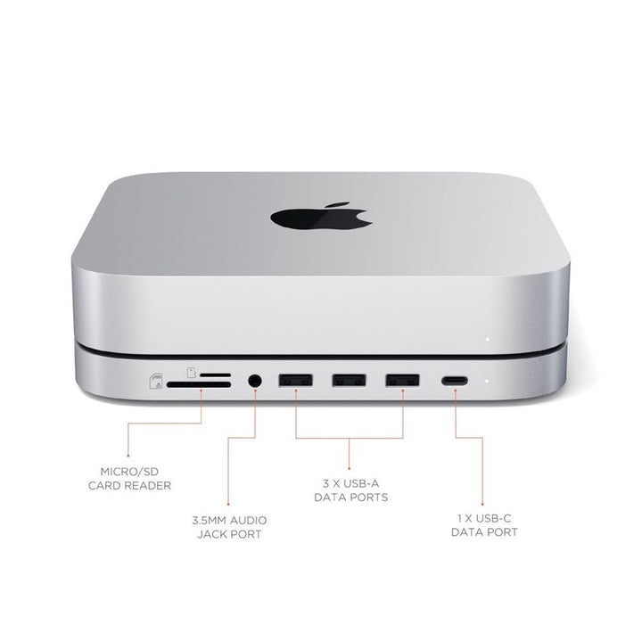 Satechi Aluminium Stand and Hub for Mac Mini/Mac Studio with SSD Enclosure (Silver) The Satechi Stand & Hub for Mac Mini/Mac Studio with SSD Enclosure elevates and transforms your M1 Mac Mini into a powerful, surprisingly compact workstation. Featuring a