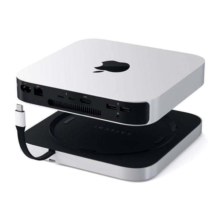 Satechi Aluminium Stand and Hub for Mac Mini/Mac Studio with SSD Enclosure (Silver) The Satechi Stand & Hub for Mac Mini/Mac Studio with SSD Enclosure elevates and transforms your M1 Mac Mini into a powerful, surprisingly compact workstation. Featuring a