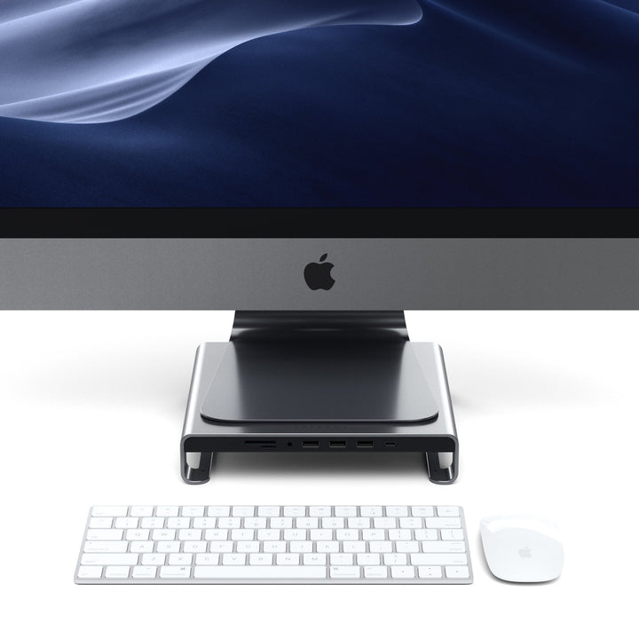 Satechi USB-C Aluminium Monitor Stand Hub for iMac (Space Grey) The Satechi Type-C Aluminium Monitor Stand Hub for iMac is your perfect 2-in-1 solution to enhance and elevate your desk space. Featuring built-in USB 3.0 ports, USB-C data port, micro/SD car