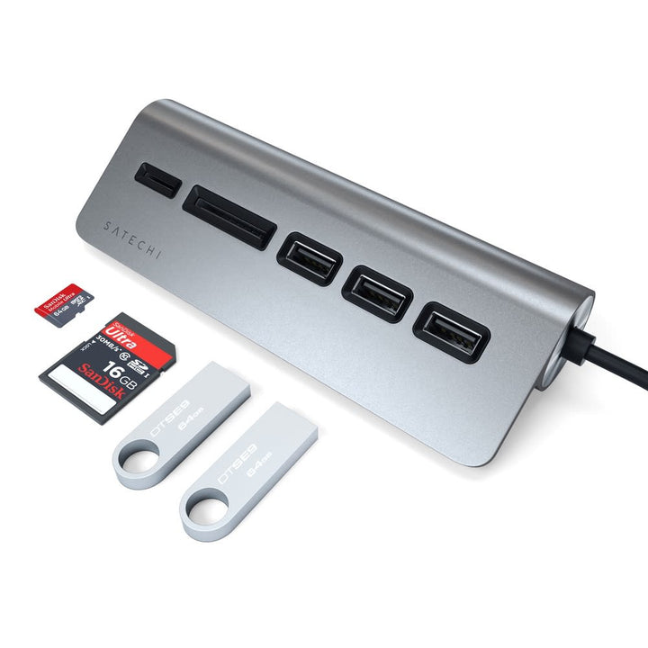 Satechi USB-C Combo Hub for Desktop The USB-C Combo Hub for Desktop allows you to connect all your standard USB devices to your USB-C smartphone, tablet or laptop. Whether it’s a USB thumb drive, external HDD or SD card, quickly transfer large files, down