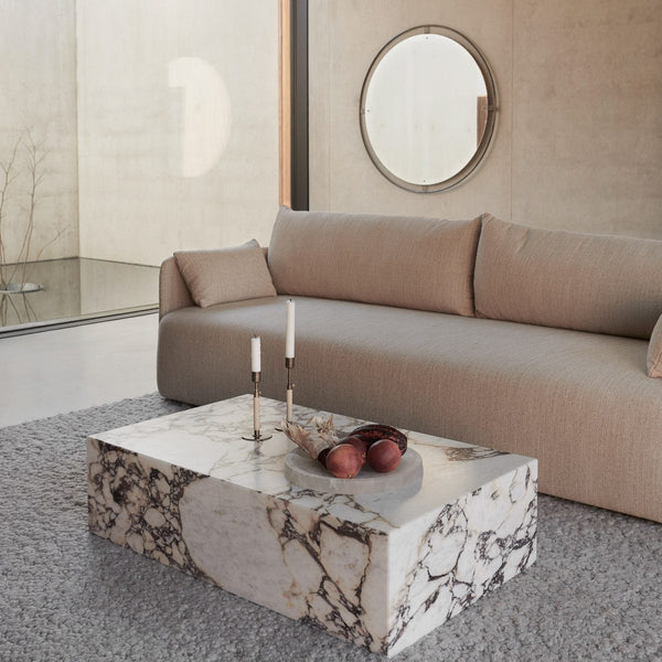 AUDO CPH (ex MENU) Plinth Low Coffee Table, Rose Marble Calacatta Viola by Audo Copenhagen - As versatile as it is timeless, the marble Plinth serves the dual purpose of being a beautiful, sculptural piece on its own and highlighting whatever objects rest