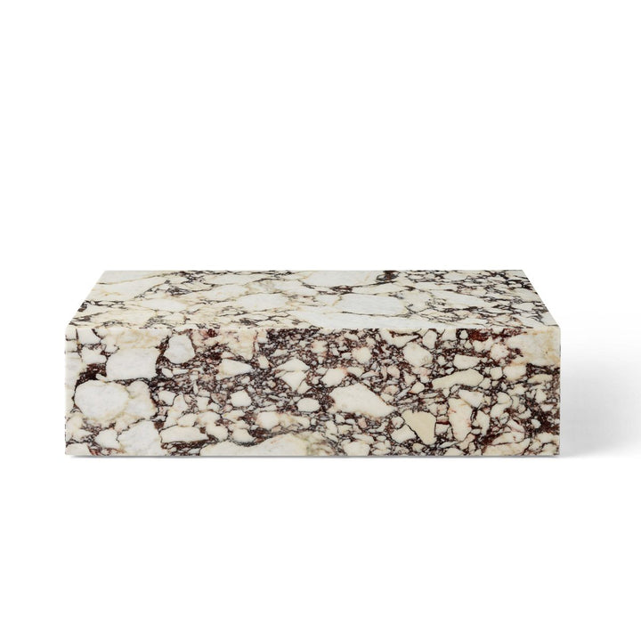AUDO CPH (ex MENU) Plinth Low Coffee Table, Rose Marble Calacatta Viola by Audo Copenhagen - As versatile as it is timeless, the marble Plinth serves the dual purpose of being a beautiful, sculptural piece on its own and highlighting whatever objects rest
