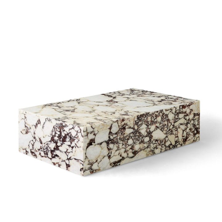 AUDO CPH (ex MENU) Plinth Low Coffee Table, Rose Marble Calacatta Viola by Audo Copenhagen - As versatile as it is timeless, the marble Plinth serves the dual purpose of being a beautiful, sculptural piece on its own and highlighting whatever objects rest