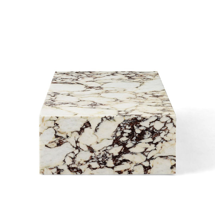 AUDO CPH (ex MENU) Plinth Low Coffee Table, Rose Marble Calacatta Viola by Audo Copenhagen - As versatile as it is timeless, the marble Plinth serves the dual purpose of being a beautiful, sculptural piece on its own and highlighting whatever objects rest