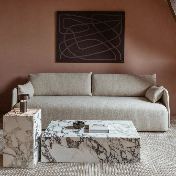 AUDO CPH (ex MENU) Plinth Low Coffee Table, Rose Marble Calacatta Viola by Audo Copenhagen - As versatile as it is timeless, the marble Plinth serves the dual purpose of being a beautiful, sculptural piece on its own and highlighting whatever objects rest