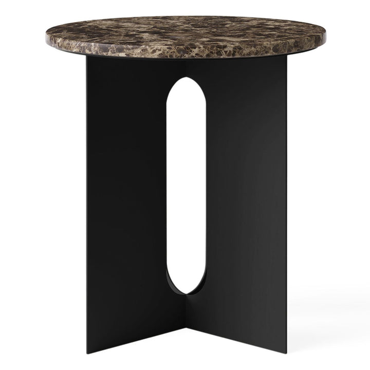 Androgyne Metal Side Table by Audo Copenhagen - The perfectly proportioned table comprises a sturdy powder coated steel base on which a rounded marble tabletop is balanced. The table’s refined marble top, which barely hangs over the legs to create an over