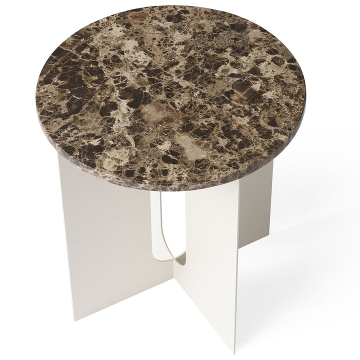 Androgyne Metal Side Table by Audo Copenhagen - The perfectly proportioned table comprises a sturdy powder coated steel base on which a rounded marble tabletop is balanced. The table’s refined marble top, which barely hangs over the legs to create an over