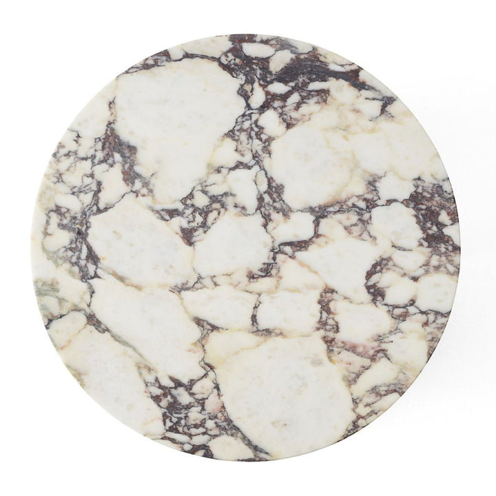 Androgyne Metal Side Table by Audo Copenhagen - The perfectly proportioned table comprises a sturdy powder coated steel base on which a rounded marble tabletop is balanced. The table’s refined marble top, which barely hangs over the legs to create an over