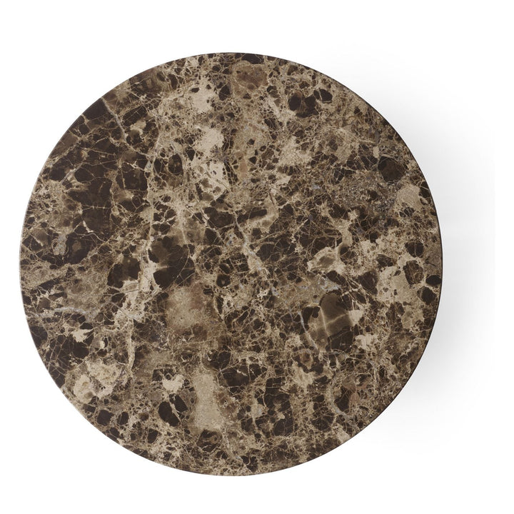 Androgyne Metal Side Table by Audo Copenhagen - The perfectly proportioned table comprises a sturdy powder coated steel base on which a rounded marble tabletop is balanced. The table’s refined marble top, which barely hangs over the legs to create an over