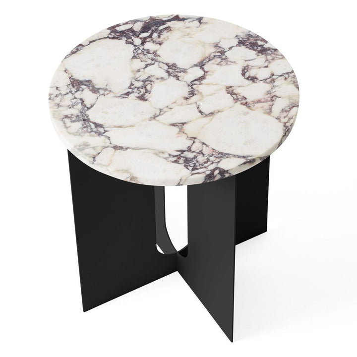 Androgyne Metal Side Table by Audo Copenhagen - The perfectly proportioned table comprises a sturdy powder coated steel base on which a rounded marble tabletop is balanced. The table’s refined marble top, which barely hangs over the legs to create an over