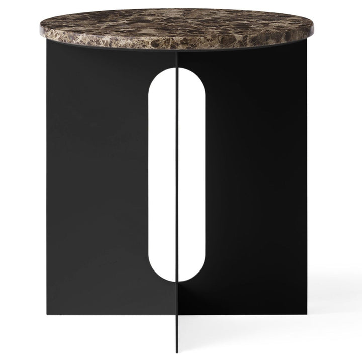Androgyne Metal Side Table by Audo Copenhagen - The perfectly proportioned table comprises a sturdy powder coated steel base on which a rounded marble tabletop is balanced. The table’s refined marble top, which barely hangs over the legs to create an over
