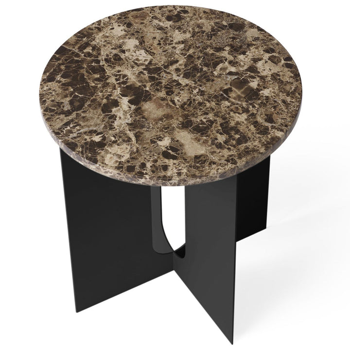 Androgyne Metal Side Table by Audo Copenhagen - The perfectly proportioned table comprises a sturdy powder coated steel base on which a rounded marble tabletop is balanced. The table’s refined marble top, which barely hangs over the legs to create an over