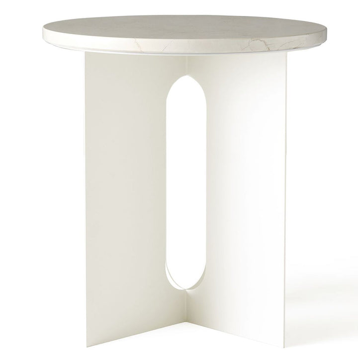 Androgyne Metal Side Table by Audo Copenhagen - The perfectly proportioned table comprises a sturdy powder coated steel base on which a rounded marble tabletop is balanced. The table’s refined marble top, which barely hangs over the legs to create an over