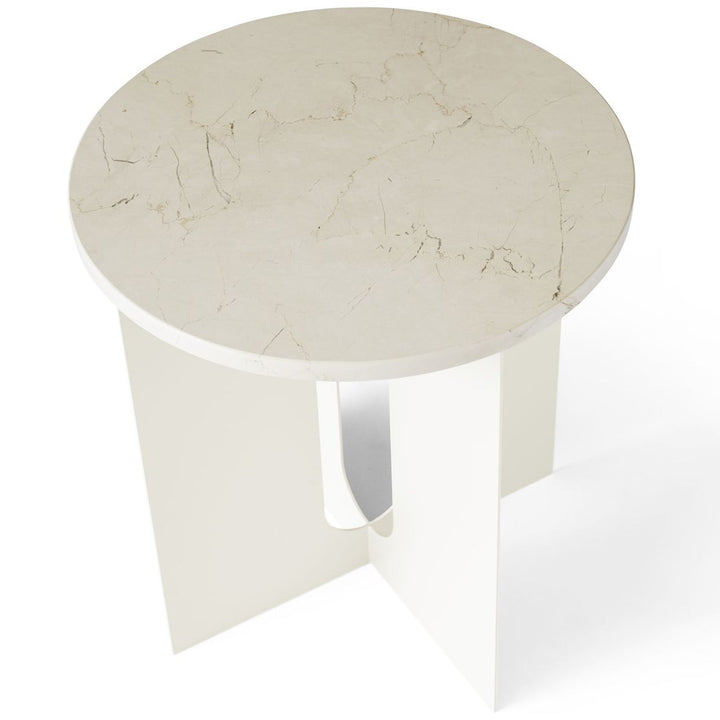 Androgyne Metal Side Table by Audo Copenhagen - The perfectly proportioned table comprises a sturdy powder coated steel base on which a rounded marble tabletop is balanced. The table’s refined marble top, which barely hangs over the legs to create an over