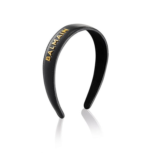 Balmain Black Leather Headband with Gold Plated Logo