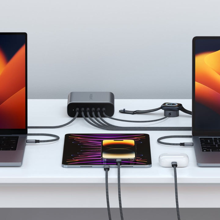 Satechi USB-C 200W USB-C 6-Port GaN Charger This elegant yet powerful charger allows you to charge up to 6 devices simultaneously driven by industry-leading GaN technology for a fast, reliable, and safe charge. By swapping out silicon for gallium nitride