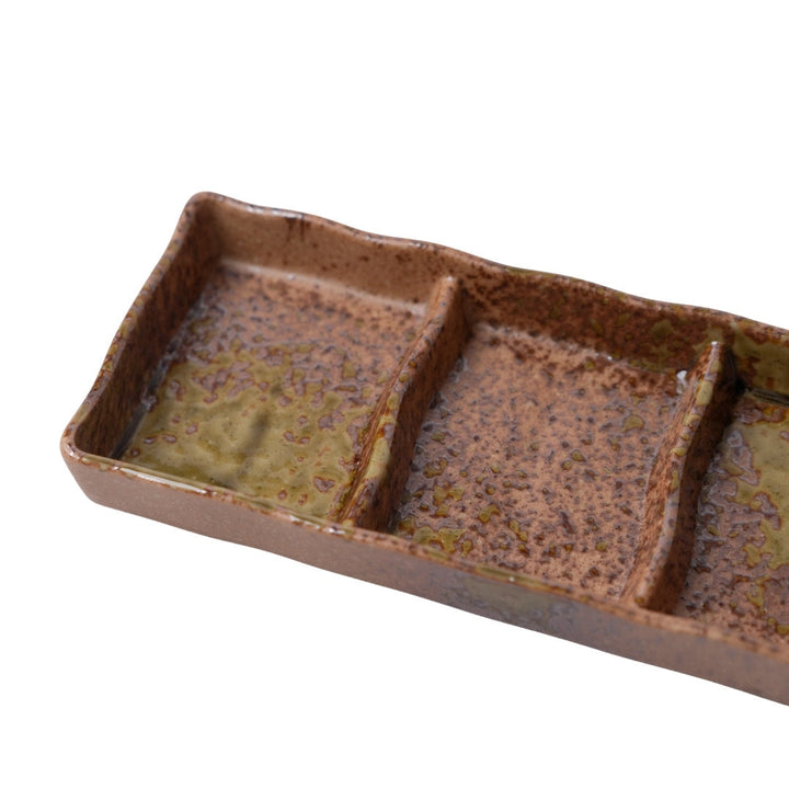 Rectangular triple dish with Wabi Sabi glaze, featuring rustic tones and three divided sections for snacks.