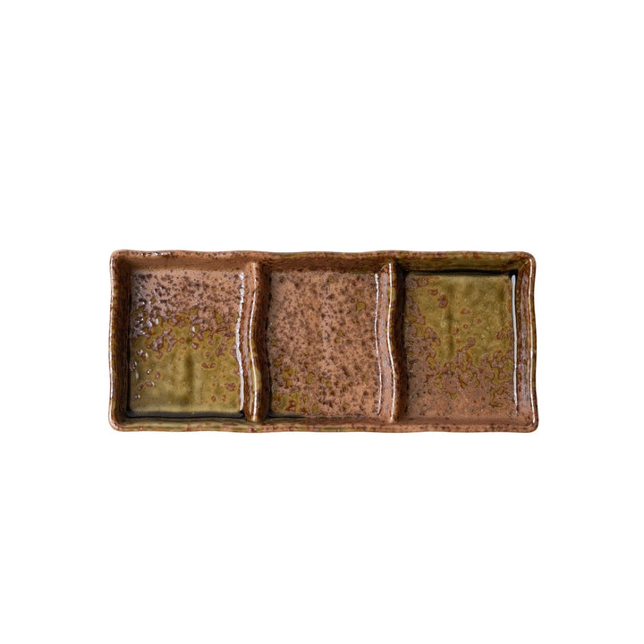 Rectangular three-section dish with Wabi Sabi glaze in beige, brown, and green tones for serving snacks and sauces.