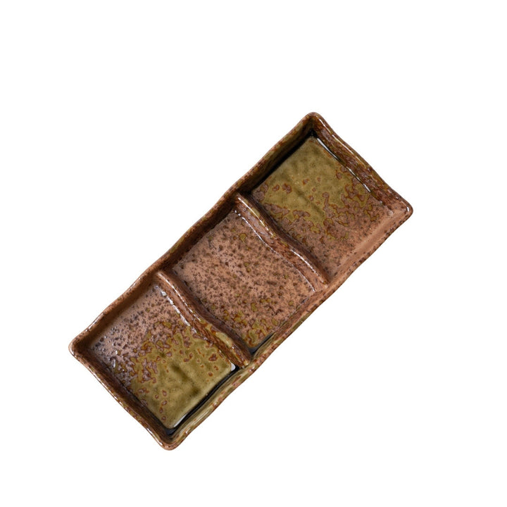 Rectangular dish with three sections in Wabi Sabi glaze, featuring rustic tones of beige, brown, and green.