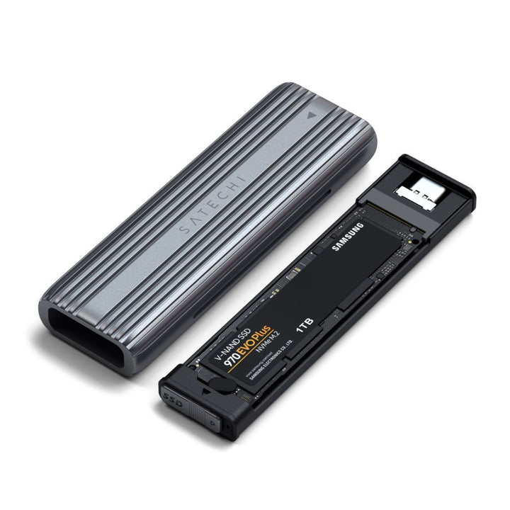 Satechi USB-C NVME / SATA SSD Enclosure This tool-free NVMe SSD enclosure can easily connect an M.2 NMVe SSDs or M.2 SATA SSDs with your computer to expand storage, upgrade the system, back up files, retrieve and recover data, and transfer data. Plug and