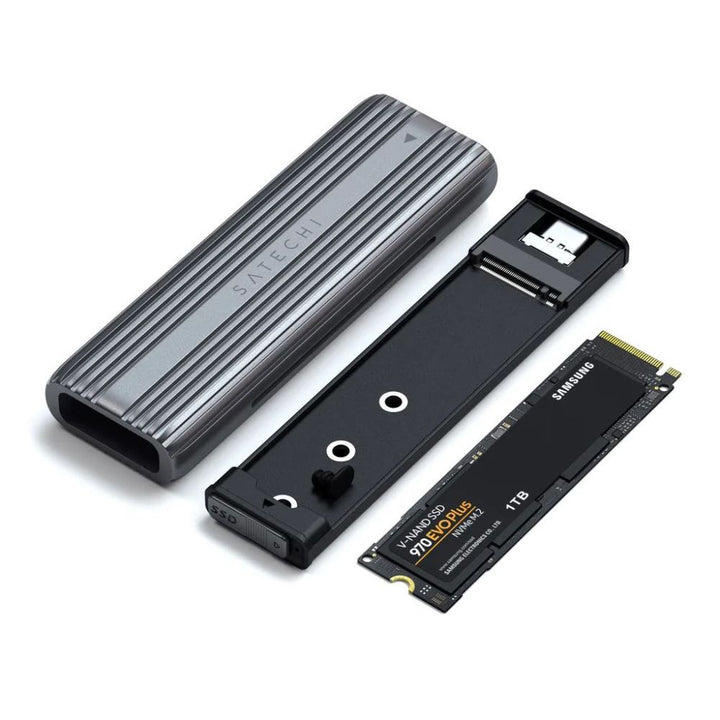 Satechi USB-C NVME / SATA SSD Enclosure This tool-free NVMe SSD enclosure can easily connect an M.2 NMVe SSDs or M.2 SATA SSDs with your computer to expand storage, upgrade the system, back up files, retrieve and recover data, and transfer data. Plug and