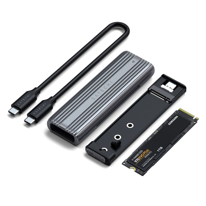 Satechi USB-C NVME / SATA SSD Enclosure This tool-free NVMe SSD enclosure can easily connect an M.2 NMVe SSDs or M.2 SATA SSDs with your computer to expand storage, upgrade the system, back up files, retrieve and recover data, and transfer data. Plug and