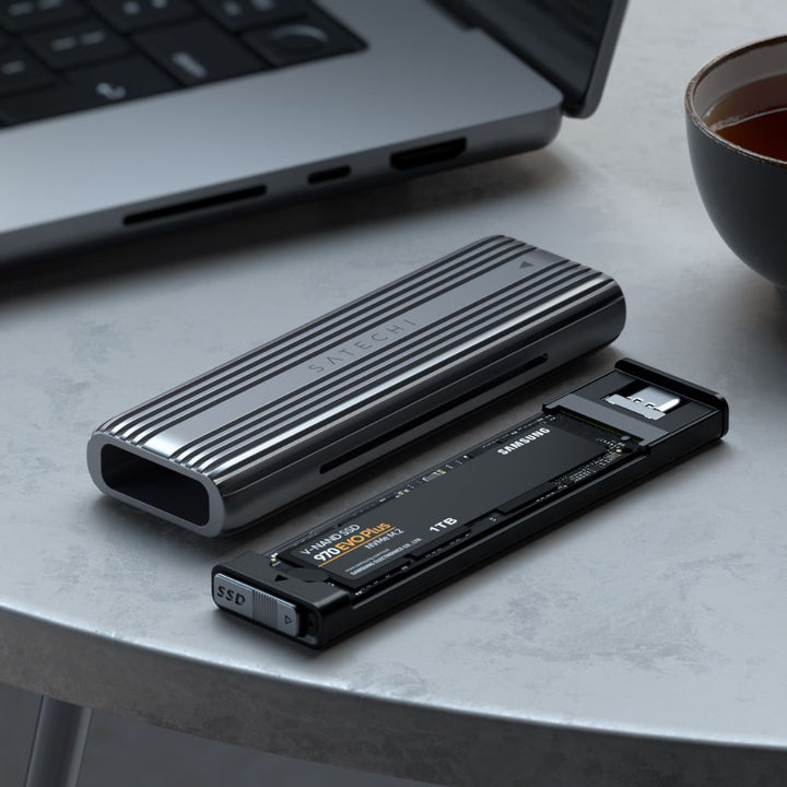 Satechi USB-C NVME / SATA SSD Enclosure This tool-free NVMe SSD enclosure can easily connect an M.2 NMVe SSDs or M.2 SATA SSDs with your computer to expand storage, upgrade the system, back up files, retrieve and recover data, and transfer data. Plug and