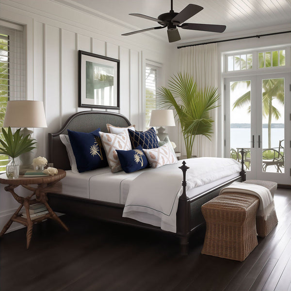 Royal Navy Palm 55x55 - Luxury Cotton Cushion Royal Navy Palm 55x55 is a luxurious, 100% cotton embroidered cushion with a stylish knife edge design.