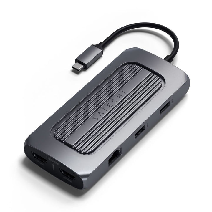 Satechi USB-C Multiport MX Adapter (Space Grey) Unlock the full potential of your M1 setup with the Satechi USB-C Multiport MX Adapter. Powerful yet ultra-sleek, the adapter features dual 4K HDMI, Gigabit Ethernet, USB-C PD charging, USB-C data, USB-A dat